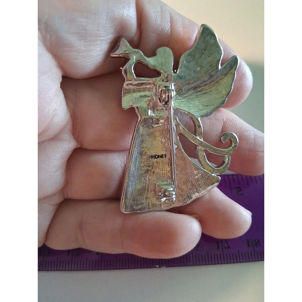 Monet Silver Tone Rhinestone Christmas Angel with Horn Brooch Pin